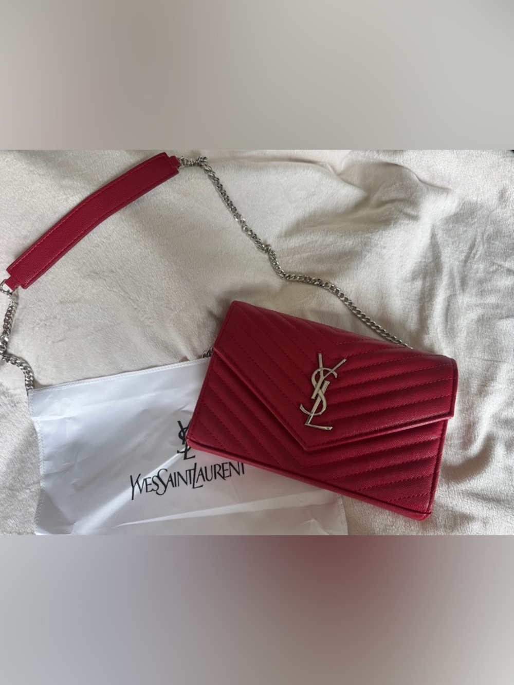 Saint Laurent Cherry Red Quilted Envelope Crossbody with Silver YSL